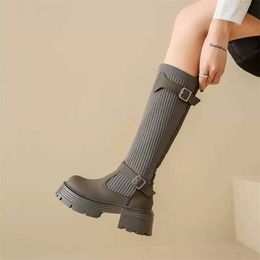 Top Boots Knitted Elastic Socks for Women New Spring Autumn Season Thick Sole High Barrel Martin Boots Knee Length Long