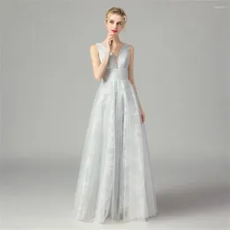 Party Dresses Elegant Long Beach Silver Lace Formal Evening 2023 Deep V-Neck Women Prom Occasion Dress