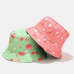 Berets Four Seasons Cotton Peach Fruit Two Sides Wear Bucket Hat Fisherman Outdoor Travel Sun Cap Hats For Men And Women 28