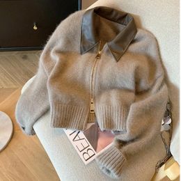 Women's Vests French Vintage Knitted Pullover Women Classical Oversized Sweater 2023 Korean Style Turn-Down Collar Coffee Colour Streetwear