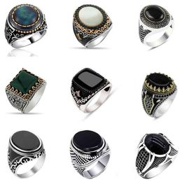 30 Styles Vintage Handmade Turkish Signet Ring for Men Women Ancient Silver Color Black Onyx Stone Punk Rings Religious Jewelry2364