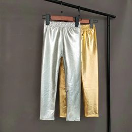 Leggings Tights Gold Silver Kids Pants Girls Spring Autumn Children Elastic Faux Leather Skinny Pencil Girl 231018