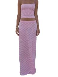 Skirts Women's 2 Piece Skirt Outfits Pink One Shoulder Cami Tops Long Bodycon Set