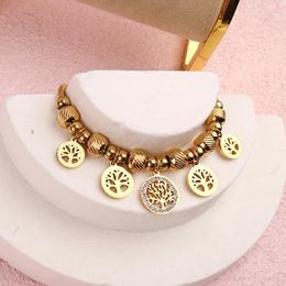 Link Bracelets Stainless Steel Bracelet Gold Plated Tree Of Life White Zircon Pendant Women Simple Jewelry Party Gifts Hapiship