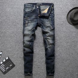 Italian Fashion Designer Men Jeans High Quality Classical Brand Jeans Men Slim Fit Dark Colour Ripped Homme Biker305K