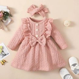 Girl Dresses Toddler Girls Solid Color Dress Autumn Summer Long Sleeved Bowknot Lace Princess With Headband 2Pcs Children's Clothing