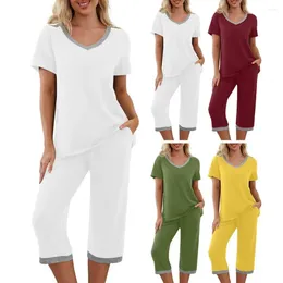 Women's Sleepwear 2Pcs/Set Women Pyjamas Set V Neck Contrast Colour Short Sleeve Loose Homewear Elastic Waist Cropped Pants Summer Night