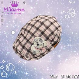 Berets Japanese Girls Retro Pink Plaid Berets Hat Female Harajuku Y2k Cute Cartoon Casual Painter Hat 231018