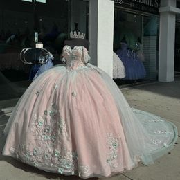 Pink Shiny Quinceanera Dresses Ball Gown For Sweet Girls 3DFlowers Applique Vestidos De XV 15 Anos Beads Birthday Prom Dress