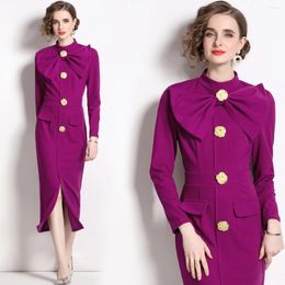 Casual Dresses Stand Long Sleeve Bowknot Waist Fastener Decoration Sheath Split Dress