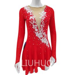 Figure Skating Dress Girls Teens Long Sleeves Red Colour Ice Skating Dance Skirt with Gloves Fit