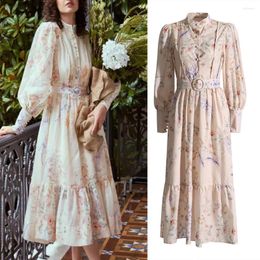 Casual Dresses VANOVICH French Style Sweet Vintage Autumn 2023 Temperament Stand-up Collar Lantern Sleeve Waist Belt Design Floral Dress