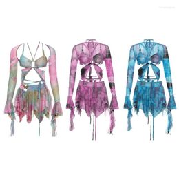 Work Dresses 95AB Womens 3 Piece Tie Dye Outfits Set With Long Sleeve Shrug Halter Crop Top Beach Mini Skirt Matching Suit