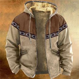 Men's Jackets Vintage Loose Liner Fleece Coat Autumn Winter Hooded Drawstring Sweatshirt 2023 Long Sleeve Pattern Print Outwear