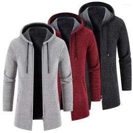 Men's Trench Coats Men Sweater Coat Plush Lining Mid Length Drawstring Cardigan Solid Color Autumn Winter Knitting Streetwear