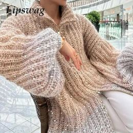 Womens Sweaters Autumn Winter Zipper StandUP Collar Knitted Sweater Casual Loose LongSleeved Pullover Women Solid Colour Sequined Soft 231019