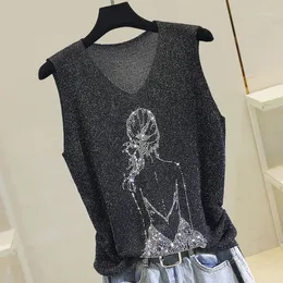 Women's Tanks Sexy Tank Top Women Girl Knitted Vest V-neck Streetwear Casual Summer Thin Bright Silk Sleeveless Outwear Tops