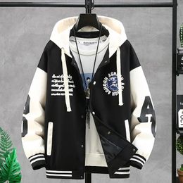 Mens Jackets Spring Hooded Baseball Harajuku Pattern Letter Printed Patchwork Coats Hip Hop Casual Loose Varsity Jacket Unisex 231018