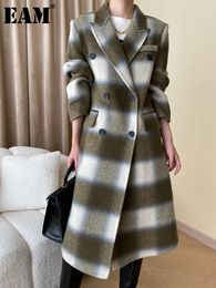 Womens Wool Blends EAM Loose Fit Brown Plaid Big Size Long Woollen Coat Lapel Sleeve Women Jacket Fashion Autumn Winter 1DH1309 231018