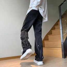 Men's Jeans Men Spring Fall Trousers Vintage Wide Leg With Zipper Decor Solid Colour Pockets Streetwear Style Soft Colofast