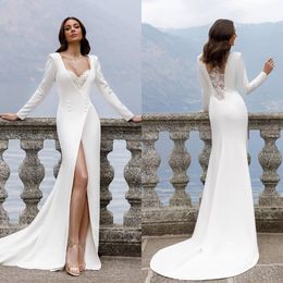 Satin Mermaid Wedding Dress For Women Elegant Long SleeveV Neck Lace Appliques Bridal Gowns Simple Sexy Custom Made