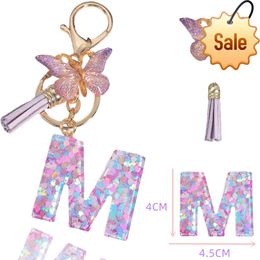 Initial Letter Keychains For Women Tassel Butterfly Purple Cute Car Key Ring For Womnen Girl Wallet Purses Backpack Ornaments
