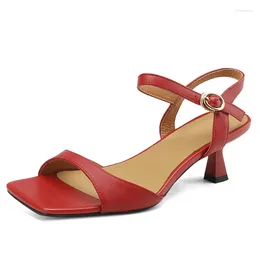 Sandals Leather Women 2023 Summer Red Beige High Thin Heeled Party Shoes Sexy Ladies Ankle Strap Buckle Square Toe