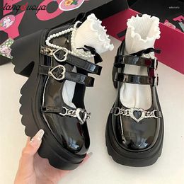 Dress Shoes Heart Buckle Women's Punk Platform Pumps Metal Mary Jane Lolita Woman Japanese Patent Leather High Heels Gothic 2023