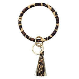 Leopard Print PU Leather Keychain Bracelet Bangle Keyring Circle Key Ring Leather Tassel Bracelet Holder Fashion Jewelry231K