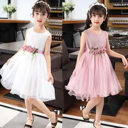 Girl Dresses 5 7 9 12 Years Youth Flower Girls Elegant Floral One-piece Fairy Princess For Children Vintage Festive Pink Tulle Clothe