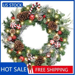 Christmas Decorations WANNA-CUL Pre-Lit 24 Inch Lighted Christmas Wreath for Front Door Red White Christmas Door Wreath 231019