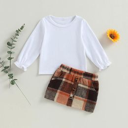 Clothing Sets Girl Autumn Outfit Solid Colour Crew Neck Long Sleeve T-Shirts And Elastic Waist Plaid Skirts 2Pcs Children Clothes Set