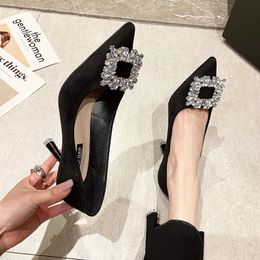 Dress Shoes Women Fashion Rhinestone Square Buckle Bridesmaid Wedding Solid Flock Pointed Toe Stiletto Pumps French High Heels 231019