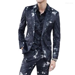 Men's Suits Spring Three-piece Men Jacket Vest Pant Fashion High Quality Suit Blazers And Trousers Floral Printed Asian Size S-5XL