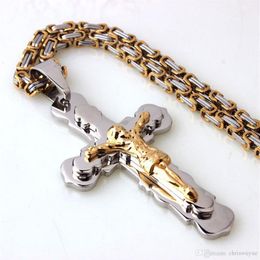 Men Chain Christian Jewelry Gift Vintage Cross Crucifix Jesus Piece Pendant Necklace Silver Gold Color Stainless Steel Byzantine274M