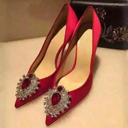 Dress Shoes Spring Autumn Pointed Toe Slip-on Pumps Rhinestone Crystal Flower Luxury Red Satin Stiletto High Heels Sexy Large Size 32-43