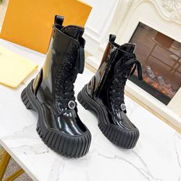 Designer Flat bottom Booties High Heels Boots Women Black Glossy Leather Boot Shoes 35-41