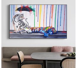 Colourful Tigers Wall Art Canvas Painting Street Graffiti Posters and Prints Animals Decorative Wall Art Picture for Living Room4886862