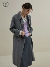 Womens Wool Blends DUSHU 100% Temperament Grey Women Double Breasted Long Woolen Jackets TurnDown Collar Office Lady Raglan Sleeve Coat 231018