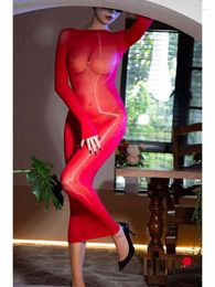 Casual Dresses Long Sleeve Glossy Shiny Midi Dress Tights Sexy Transparent Vestido Bodystocking Package Hip Lingerie 8D Nylon Falda