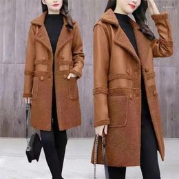 Women's Leather Large Size Jacket Two-Sided Fur Coat Autumn Winter 2023 Lambswool Outerwear Long Padded Overcoat Ladies Tops