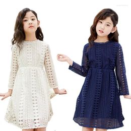 Girl Dresses White Lace For Spring/Summer Hollowed Out Wedding Party Dress Kids Long Sleeve Clothing Age 4-15Years Wear