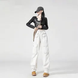 Women's Jeans 2023 Autumn High Waist Denim Cargo Pants Side Pocket Loose Zipper Y2K Fashion Straight Casual Femme Pantalones