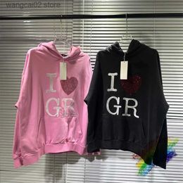 Men's Hoodies Sweatshirts Inlaid Diamond Washed GRAILZ Inkjet Perforated I Love GR Hoodie Men Women Vintage Damaged Black Pink Pullover Hooded T231019