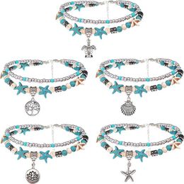 Layered Beach Anklets for Women Girls Adjustable Sea Turtle Anklets Bracelets Boho Turquoise Summer Ankle Foot Jewelry324p