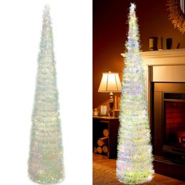 Christmas Decorations 5FT Pop Up Tinsel Christmas Tree Collapsible Pencil Xmas Tree with Gold LED Lights Artificial Tree for Party Fireplace Decor 231019