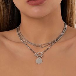 Pendant Necklaces Simple Double Layer Metal Clavicle Necklace Women 2023 Vintage Box Chain Round Sequin Girls Fashion Jewelry