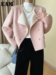 Womens Wool Blends EAM Beige Short Big Size Woolen Coat Lapel Round Neck Long Sleeve Women Jacket Fashion Autumn Winter 1DH1652 231018