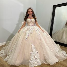 Champagne Glittering Luxury Applique Bow Crystal Quinceanera Dresses Off Shoulder Birthday Party Ball Gown Vestidos de 15 anos