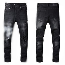 Luxurys Designer Mens Jeans French Style Fashion Black Slim-leg High Quality Skinny Spliced Ripped Pants Street Biker Denim US Siz166v